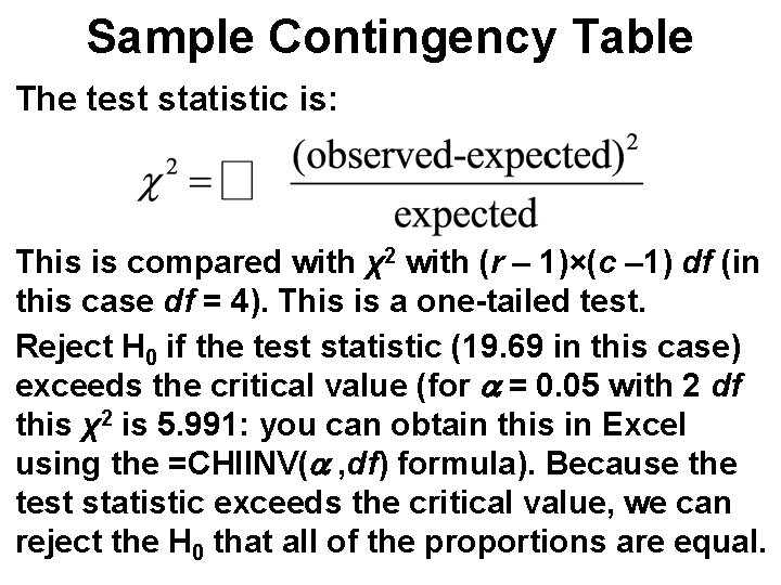 Sample Contingency Table The test statistic is: This is compared with χ2 with (r