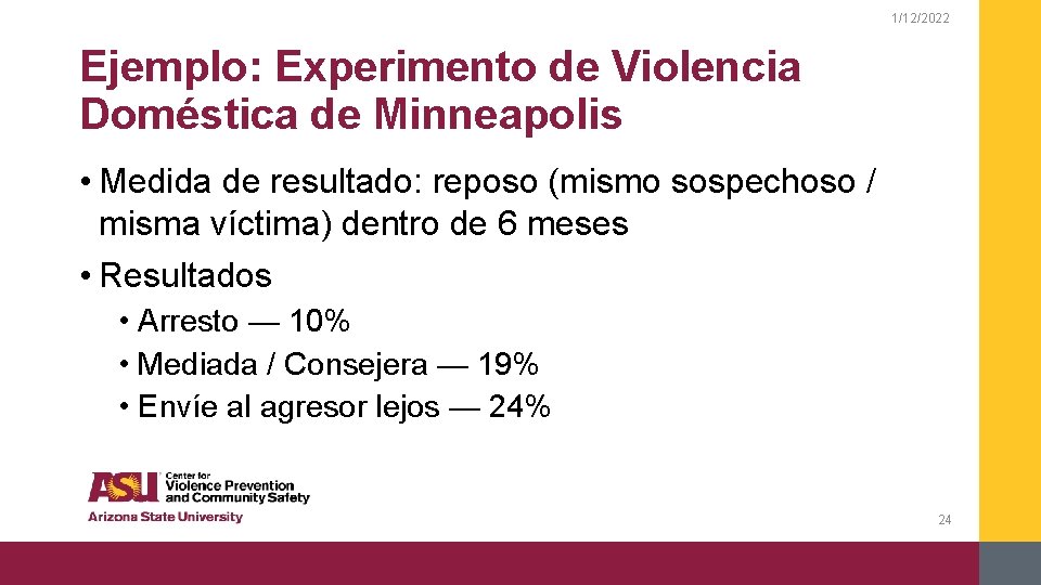 1/12/2022 Ejemplo: Experimento de Violencia Doméstica de Minneapolis • Medida de resultado: reposo (mismo