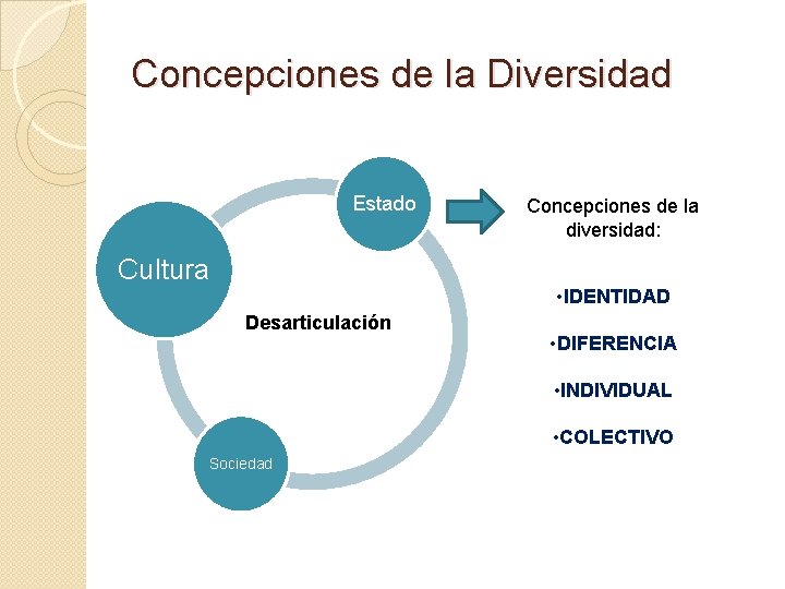 Concepciones de la Diversidad Estado Cultura Concepciones de la diversidad: • IDENTIDAD Desarticulación •