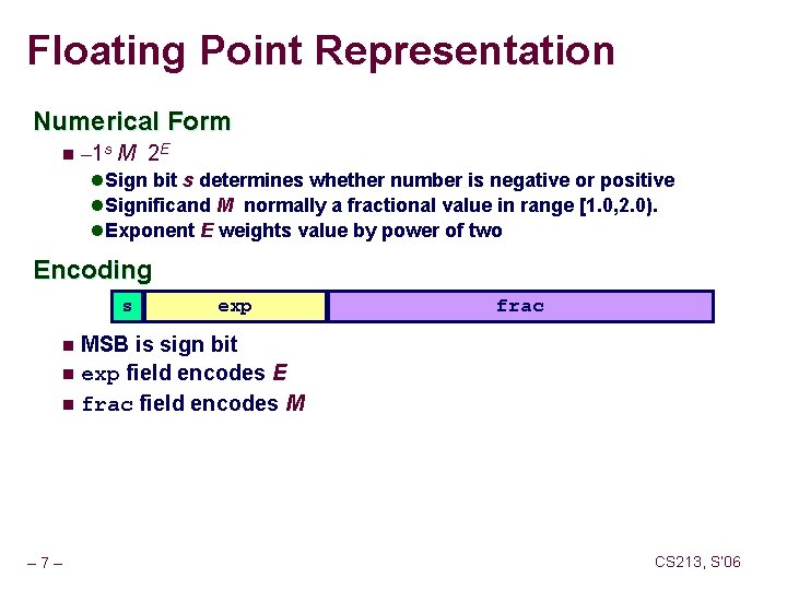 Floating Point Representation Numerical Form n – 1 s M 2 E l Sign