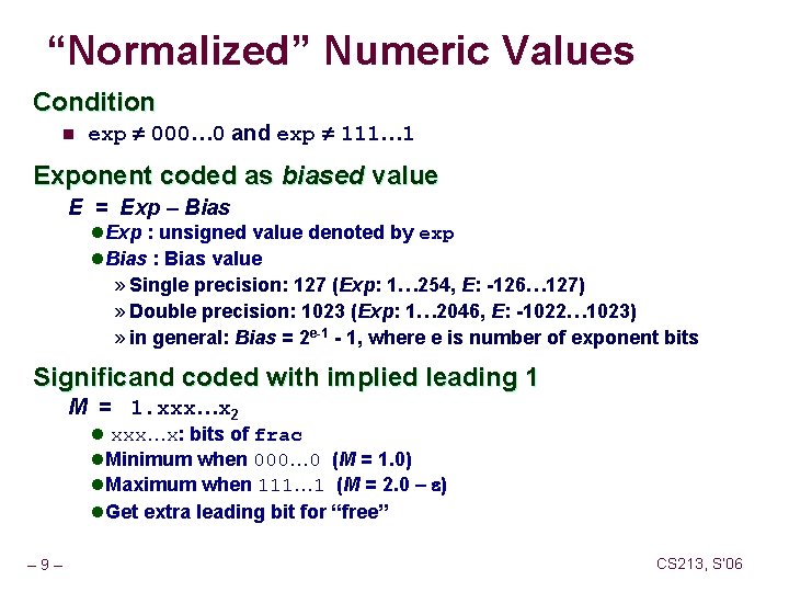 “Normalized” Numeric Values Condition n exp 000… 0 and exp 111… 1 Exponent coded