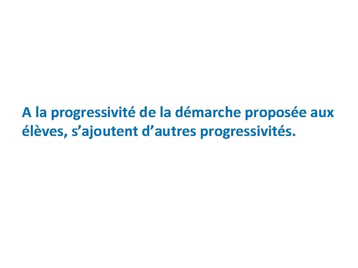 A la progressivité de la démarche proposée aux élèves, s’ajoutent d’autres progressivités. 