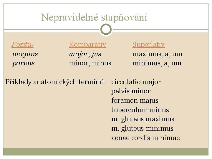 Nepravidelné stupňování Pozitiv magnus parvus Komparativ major, jus minor, minus Superlativ maximus, a, um