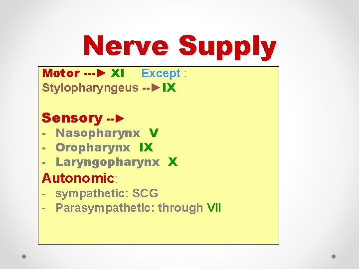 Nerve Supply Motor ---► XI Except : Stylopharyngeus --►IX Sensory --► - Nasopharynx: V