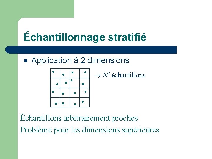 Échantillonnage stratifié l Application à 2 dimensions N 2 échantillons Échantillons arbitrairement proches Problème