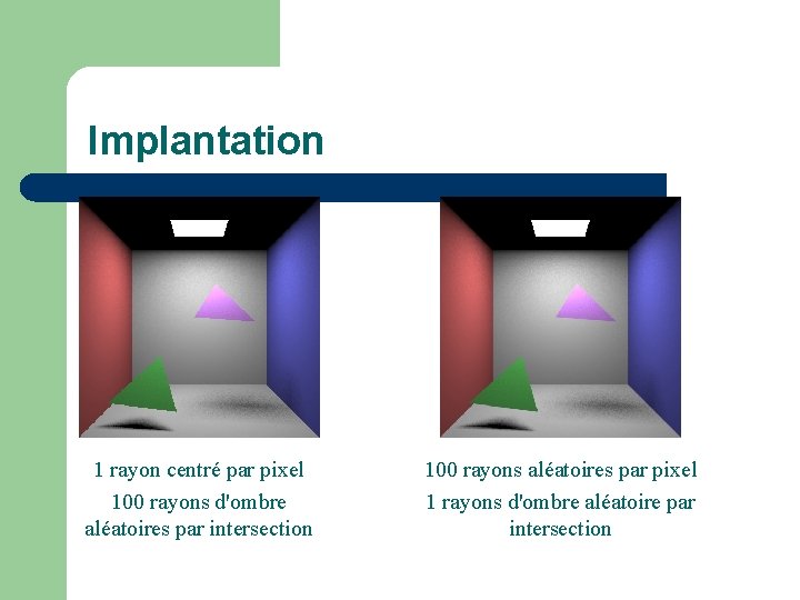 Implantation l Comparaison : 1 rayon centré par pixel 100 rayons d'ombre aléatoires par