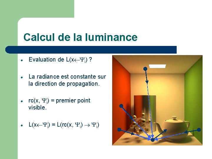 Calcul de la luminance l l Evaluation de L(x¬ i) ? La radiance est
