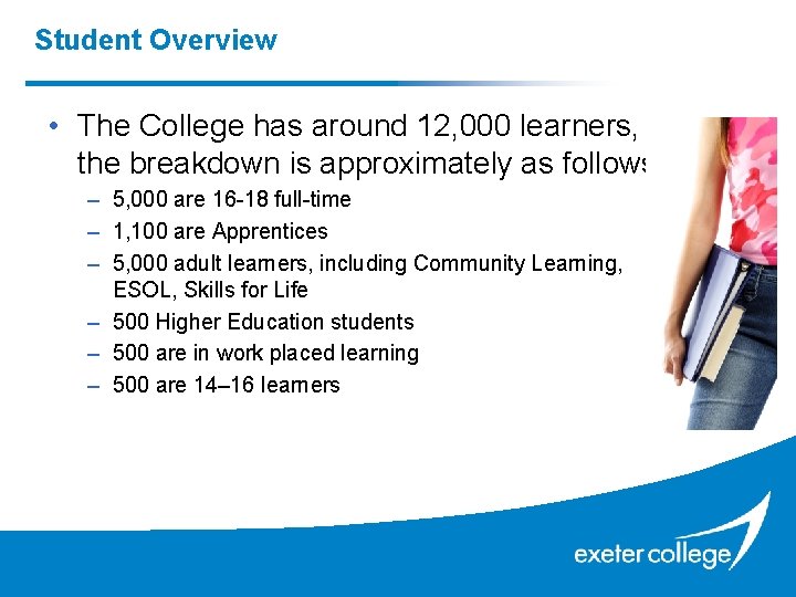 Student Overview • The College has around 12, 000 learners, the breakdown is approximately