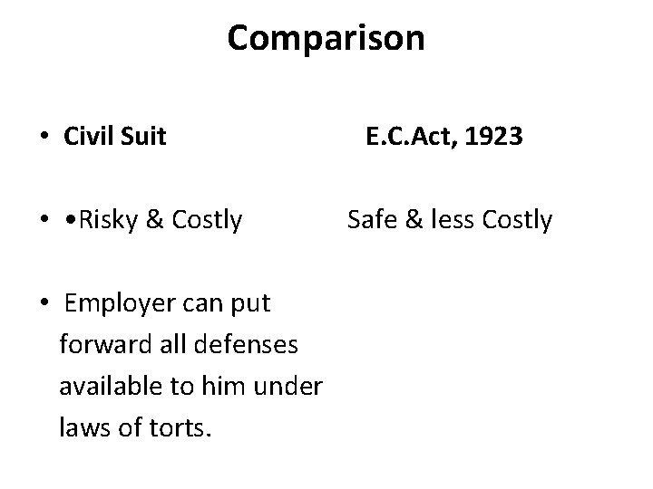 Comparison • Civil Suit • • Risky & Costly • Employer can put forward
