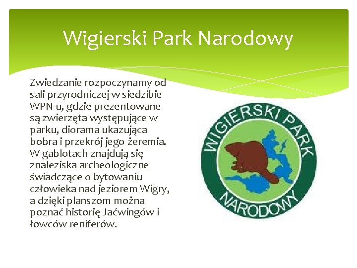 Wigierski Park Narodowy Zwiedzanie rozpoczynamy od sali przyrodniczej w siedzibie WPN-u, gdzie prezentowane są