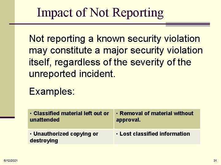 Impact of Not Reporting • Not reporting a known security violation may constitute a