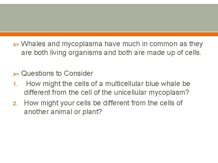  Whales and mycoplasma have much in common as they are both living organisms