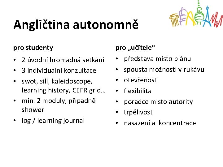 Angličtina autonomně pro studenty pro „učitele“ • 2 úvodní hromadná setkání • 3 individuální