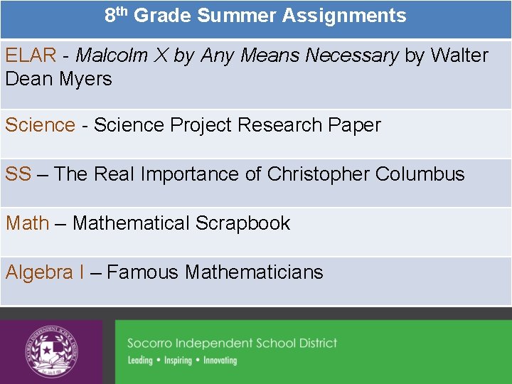 8 th Grade Summer Assignments ELAR - Malcolm X by Any Means Necessary by