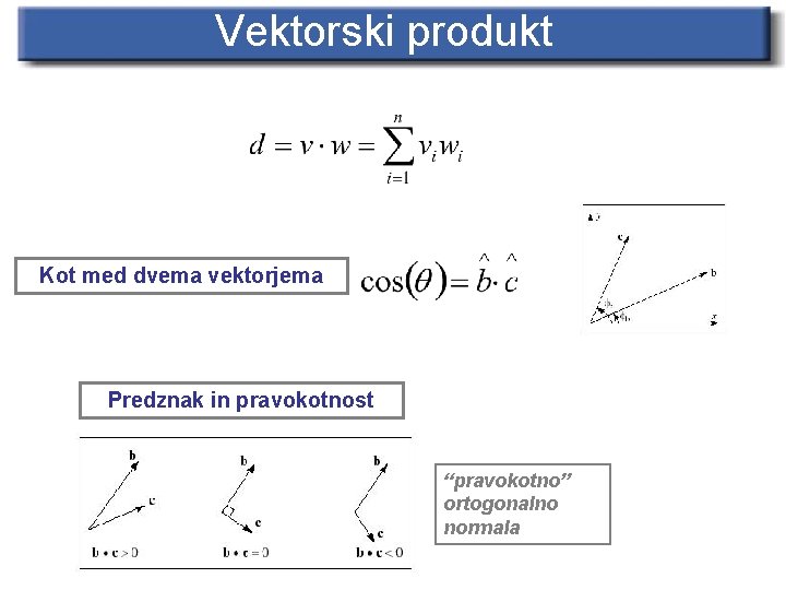 Vektorski produkt Kot med dvema vektorjema Predznak in pravokotnost “pravokotno” ortogonalno normala 