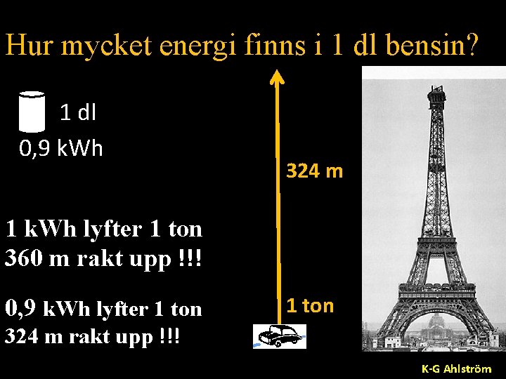 Hur mycket energi finns i 1 dl bensin? 1 dl 0, 9 k. Wh