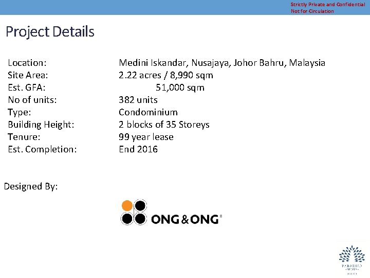 Strictly Private and Confidential Not for Circulation Project Details Location: Site Area: Est. GFA:
