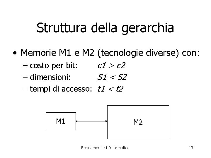 Struttura della gerarchia • Memorie M 1 e M 2 (tecnologie diverse) con: –