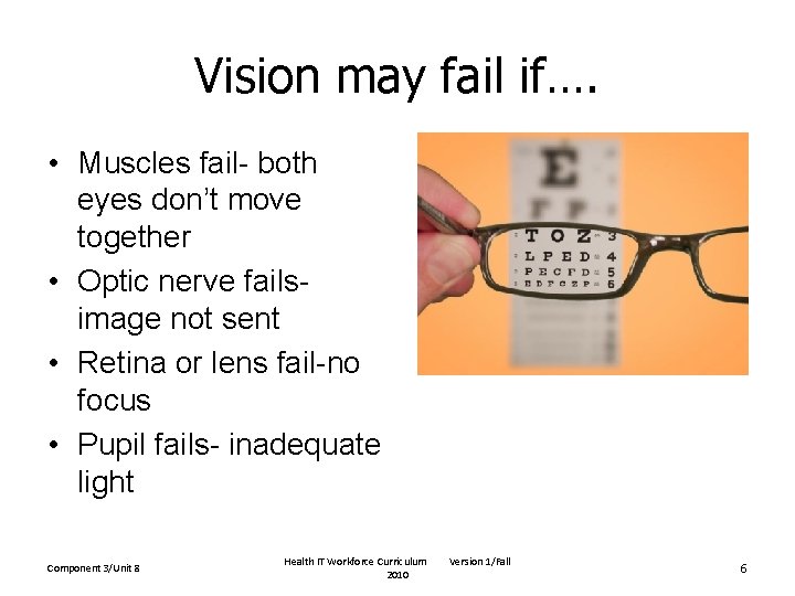 Vision may fail if…. • Muscles fail- both eyes don’t move together • Optic