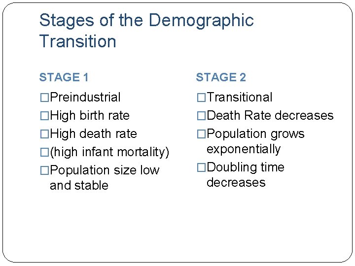 Stages of the Demographic Transition STAGE 1 STAGE 2 �Preindustrial �Transitional �High birth rate