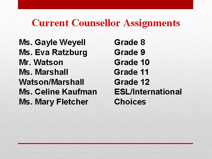 Current Counsellor Assignments Ms. Gayle Weyell Ms. Eva Ratzburg Mr. Watson Ms. Marshall Watson/Marshall Current Counsellor Assignments Ms. Gayle Weyell Ms. Eva Ratzburg Mr. Watson Ms. Marshall Watson/Marshall