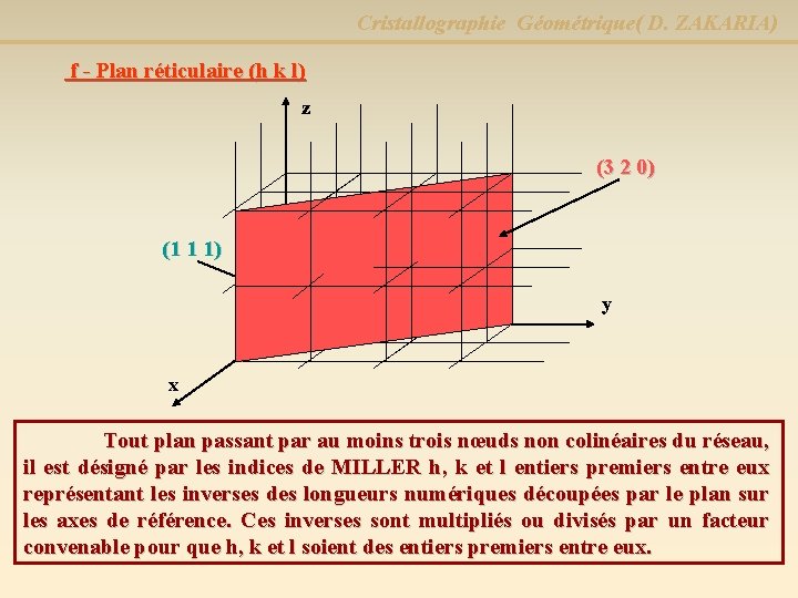 Cristallographie Géométrique( D. ZAKARIA) f - Plan réticulaire (h k l) z (3 2