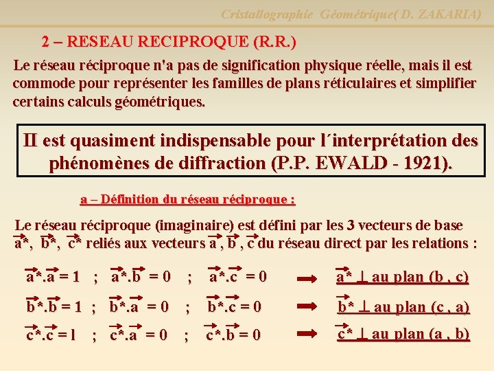 Cristallographie Géométrique( D. ZAKARIA) 2 – RESEAU RECIPROQUE (R. R. ) Le réseau réciproque