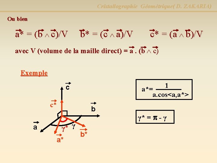 Cristallographie Géométrique( D. ZAKARIA) Ou bien a* = (b c)/V b* = (c a)/V