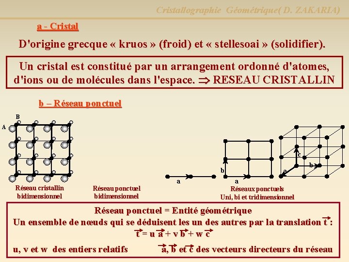 Cristallographie Géométrique( D. ZAKARIA) a - Cristal D'origine grecque « kruos » (froid) et