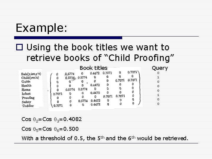 Example: o Using the book titles we want to retrieve books of “Child Proofing”