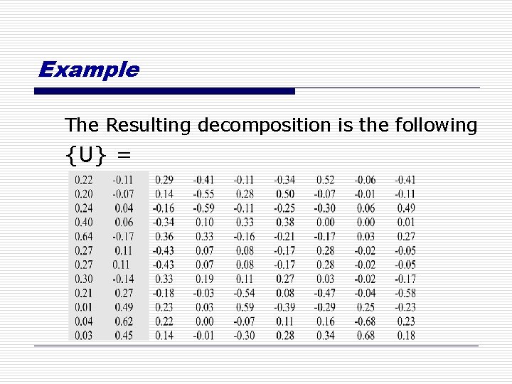 Example The Resulting decomposition is the following {U} = 