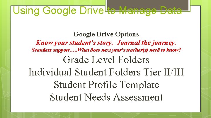 Using Google Drive to Manage Data Google Drive Options Know your student’s story. Journal Using Google Drive to Manage Data Google Drive Options Know your student’s story. Journal