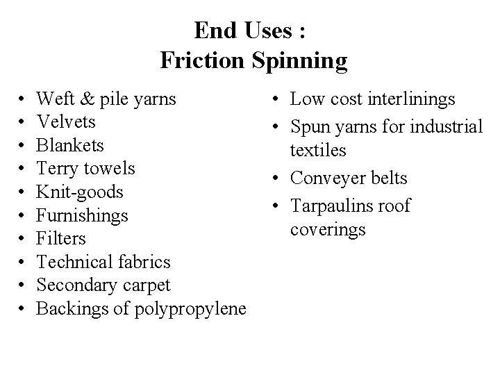 End Uses : Friction Spinning • • • Weft & pile yarns Velvets Blankets