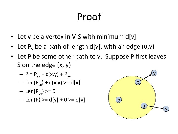 Proof • Let v be a vertex in V-S with minimum d[v] • Let