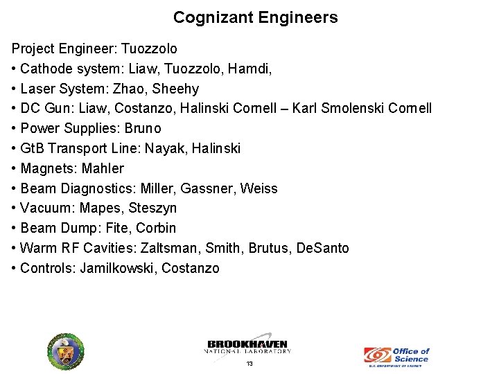 Cognizant Engineers Project Engineer: Tuozzolo • Cathode system: Liaw, Tuozzolo, Hamdi, • Laser System: