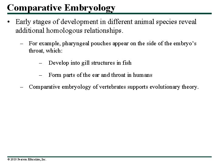 Comparative Embryology • Early stages of development in different animal species reveal additional homologous