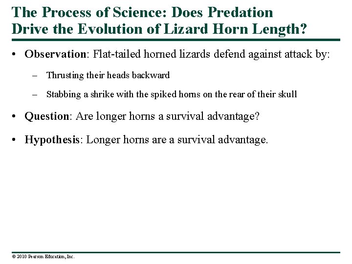 The Process of Science: Does Predation Drive the Evolution of Lizard Horn Length? •