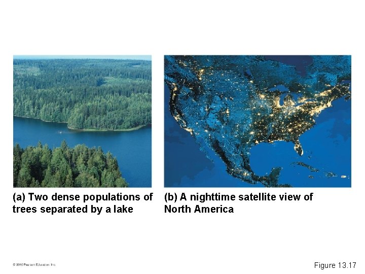 (a) Two dense populations of trees separated by a lake (b) A nighttime satellite