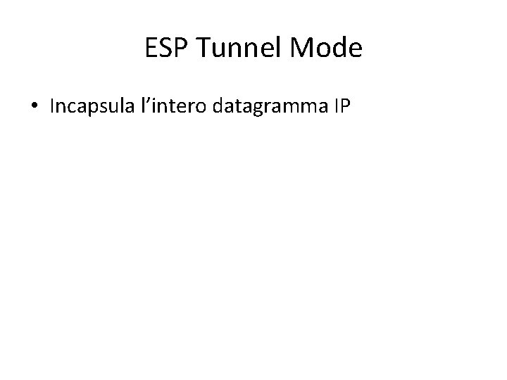 ESP Tunnel Mode • Incapsula l’intero datagramma IP ESP Tunnel Mode • Incapsula l’intero datagramma IP