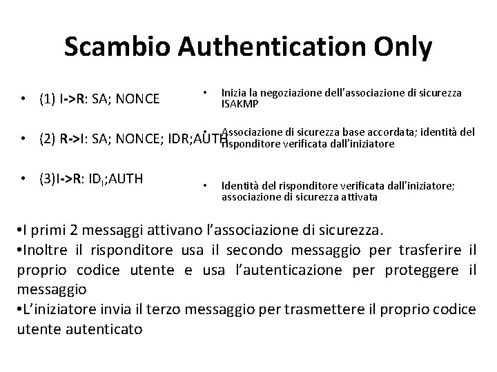 Scambio Authentication Only • (1) I->R: SA; NONCE • Inizia la negoziazione dell’associazione di