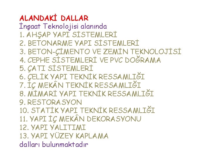 ALANDAKİ DALLAR İnşaat Teknolojisi alanında 1. AHŞAP YAPI SİSTEMLERİ 2. BETONARME YAPI SİSTEMLERİ 3.