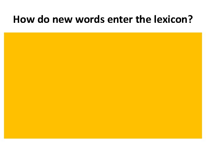 How do new words enter the lexicon? • • Coinages/neologisms Borrowings/loan words Compounds Portmanteaus/Blends