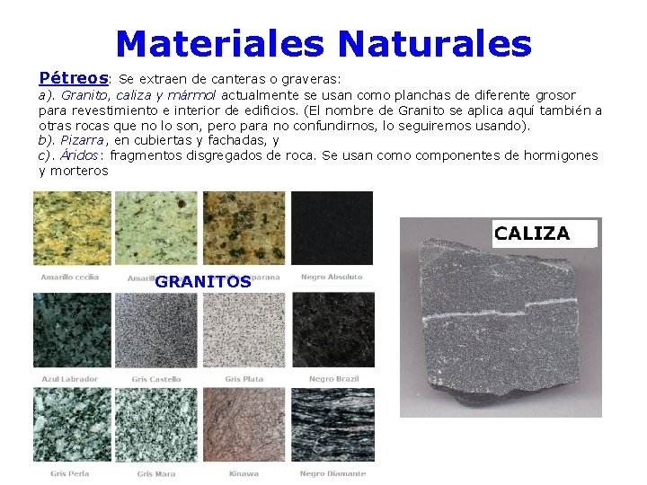 Materiales Naturales Pétreos: Se extraen de canteras o graveras: a). Granito, caliza y mármol