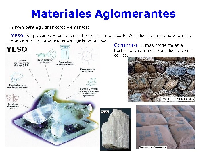 Materiales Aglomerantes Sirven para aglutinar otros elementos: Yeso: Se pulveriza y se cuece en