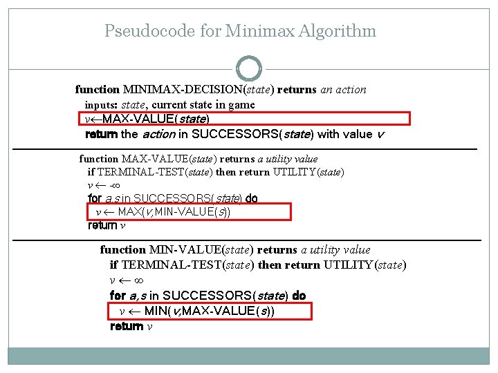 Pseudocode for Minimax Algorithm function MINIMAX-DECISION(state) returns an action inputs: state, current state in Pseudocode for Minimax Algorithm function MINIMAX-DECISION(state) returns an action inputs: state, current state in