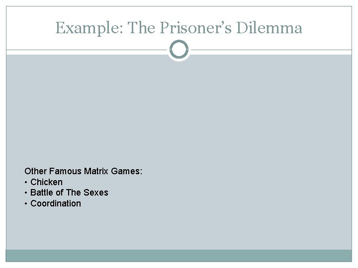 Example: The Prisoner’s Dilemma Other Famous Matrix Games: • Chicken • Battle of The Example: The Prisoner’s Dilemma Other Famous Matrix Games: • Chicken • Battle of The