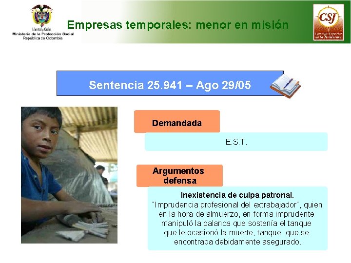 Empresas temporales: menor en misión Sentencia 25. 941 – Ago 29/05 Demandada E. S.