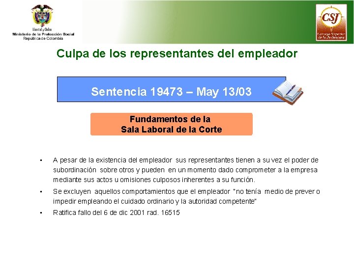 Culpa de los representantes del empleador Sentencia 19473 – May 13/03 Fundamentos de la