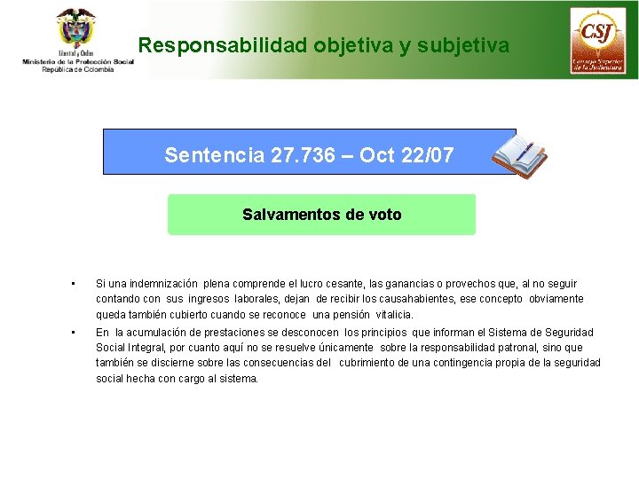 Responsabilidad objetiva y subjetiva Sentencia 27. 736 – Oct 22/07 Salvamentos de voto •