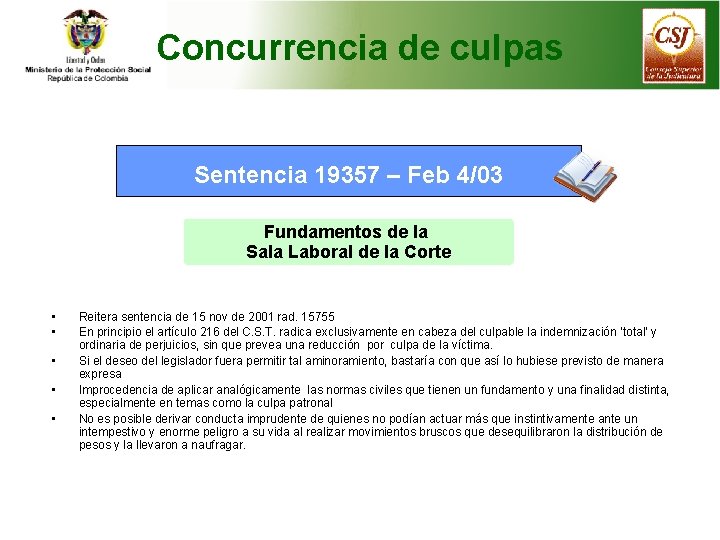 Concurrencia de culpas Sentencia 19357 – Feb 4/03 Fundamentos de la Sala Laboral de